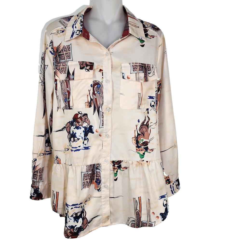 Misslook Blouse Womens Medium Western Button Peplum Equestrian Long Sleeve Flipp